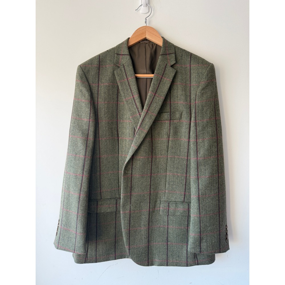 Samuel Windsor Mens 48R Green Herringbone Wool Windowpane Blazer Jacket J9W11B
